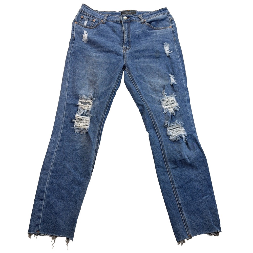 Monkey Ride jeans Size 17/33 Skinny Boot Leg Distressed Front Dark Blue